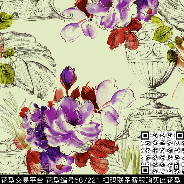时尚花卉复古传统印花华亿平台下载（图片编号: 587221） - 瓦栏（Walan）