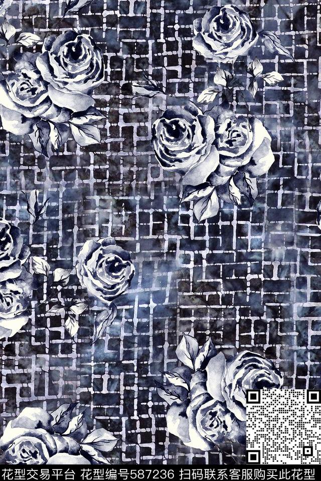 晕染格子花卉外套数码印花华亿平台下载（图片编号: 587236） - 瓦栏（Walan）