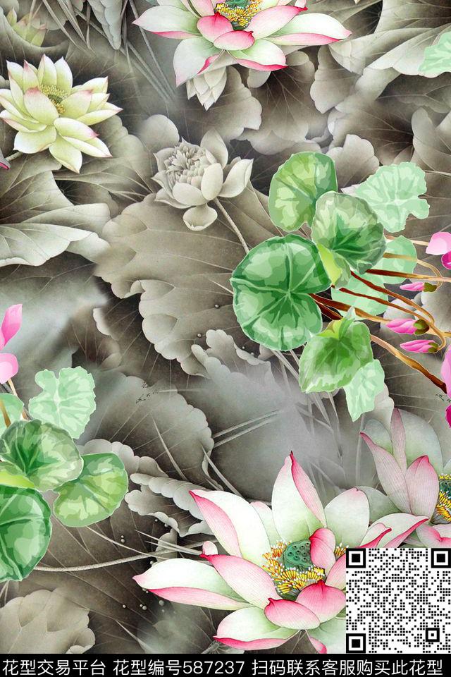 水彩素雅花卉荷花旗袍数码印花华亿平台下载（图片编号: 587237） - 瓦栏（Walan）