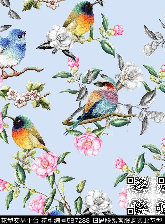 刺绣小鸟花D&G数码印花华亿平台下载（图片编号: 587288） - 瓦栏（Walan）