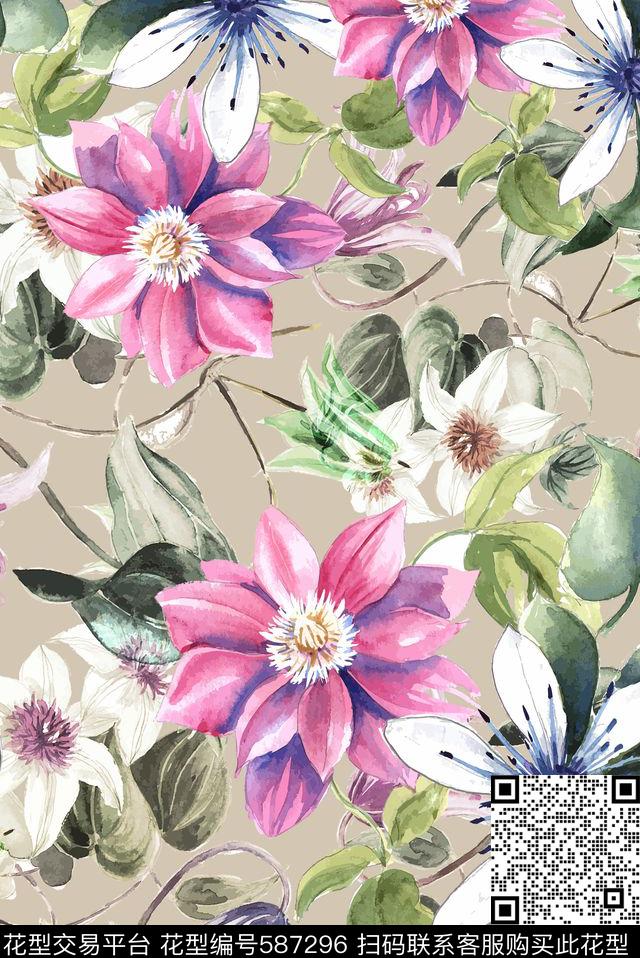田园花卉水彩数码印花华亿平台下载（图片编号: 587296） - 瓦栏（Walan）