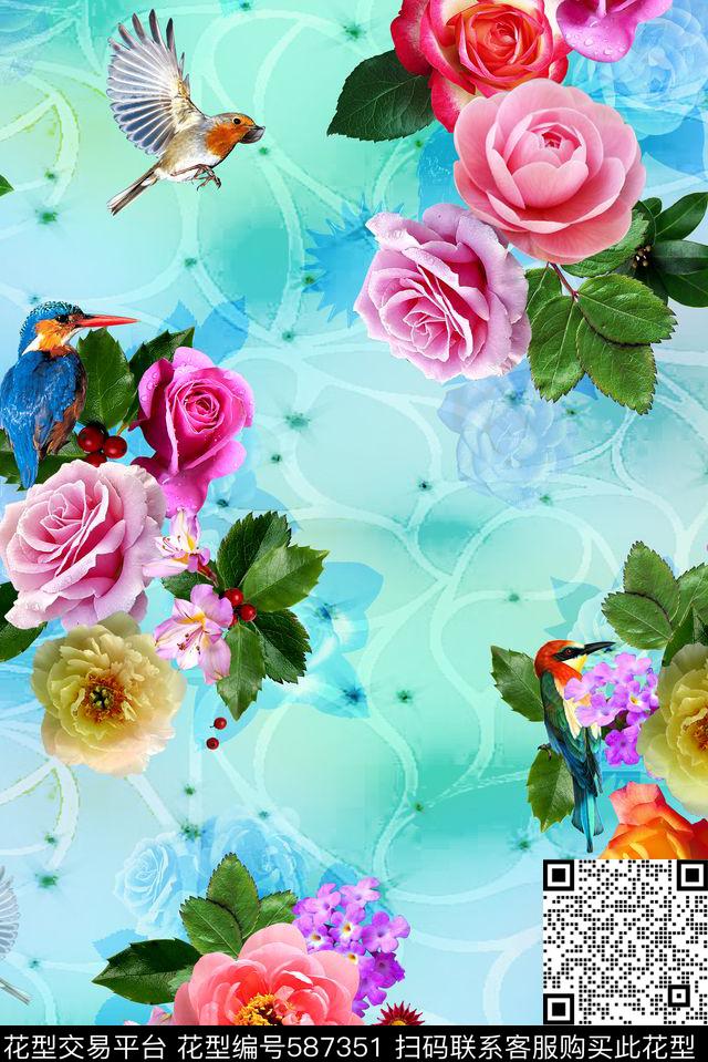 满版花卉鸟数码印花华亿平台下载（图片编号: 587351） - 瓦栏（Walan）
