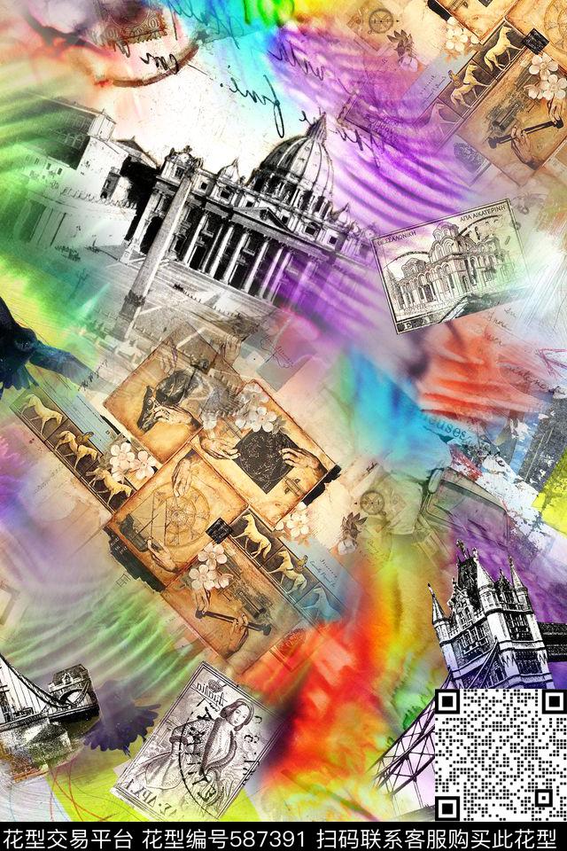 抽象几何炫彩数码印花华亿平台下载（图片编号: 587391） - 瓦栏（Walan）