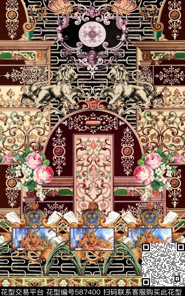 欧式复古卷草数码印花华亿平台下载（图片编号: 587400） - 瓦栏（Walan）