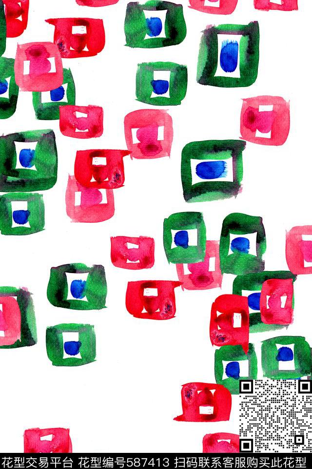 抽象水彩花卉几何传统印花华亿平台下载（图片编号: 587413） - 瓦栏（Walan）