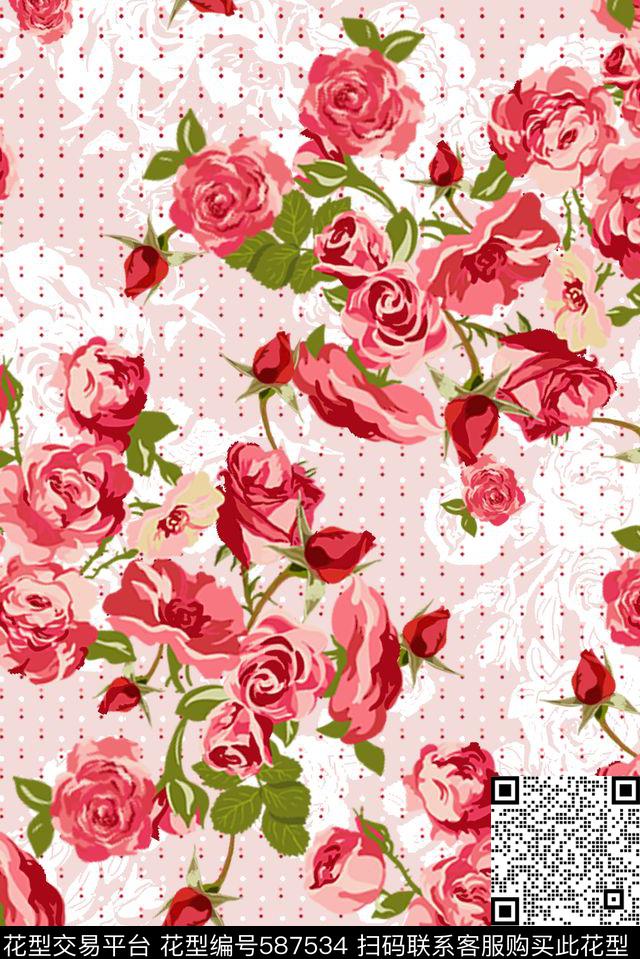 时尚玫瑰花波点数码印花华亿平台下载（图片编号: 587534） - 瓦栏（Walan）