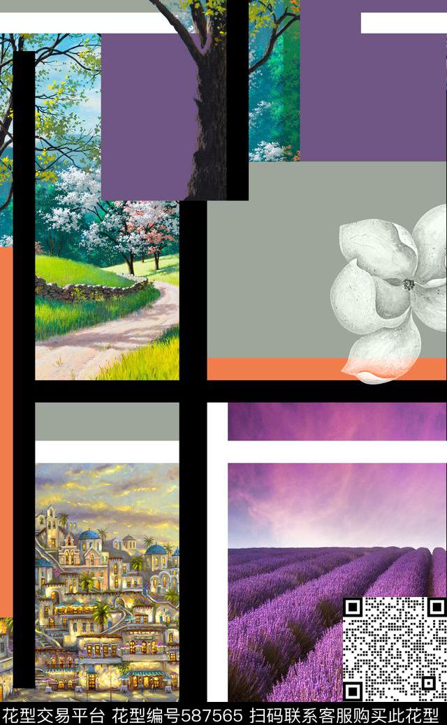 油画风景格子乱搭数码印花华亿平台下载（图片编号: 587565） - 瓦栏（Walan）