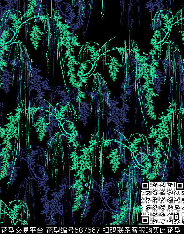 波浪小过渡花树叶传统印花华亿平台下载（图片编号: 587567） - 瓦栏（Walan）