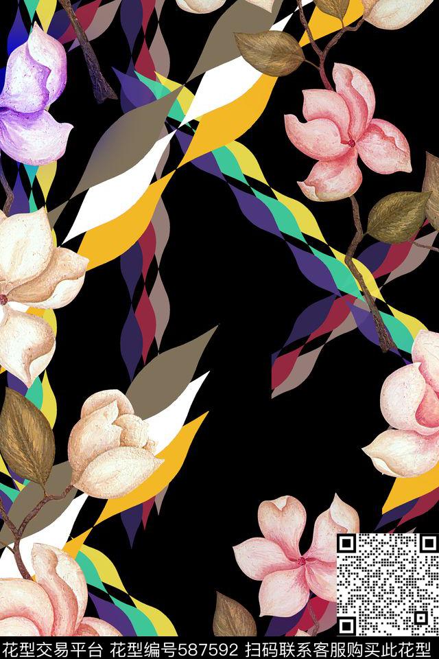 玉兰花波浪格潮流女装数码印花华亿平台下载（图片编号: 587592） - 瓦栏（Walan）