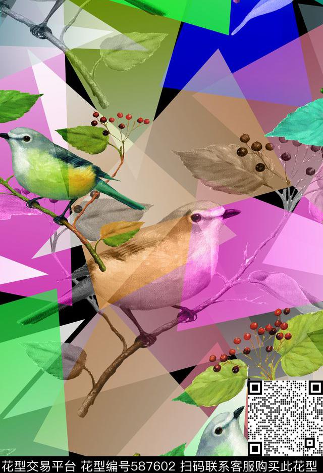 三角过渡小鸟乱叠数码印花华亿平台下载（图片编号: 587602） - 瓦栏（Walan）