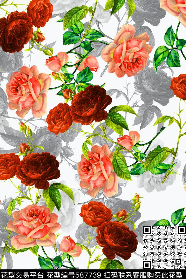水彩花卉服装数码印花华亿平台下载（图片编号: 587739） - 瓦栏（Walan）