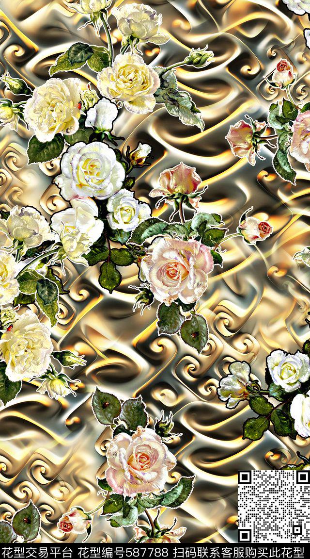 3D金属花卉花卉数码印花华亿平台下载（图片编号: 587788） - 瓦栏（Walan）