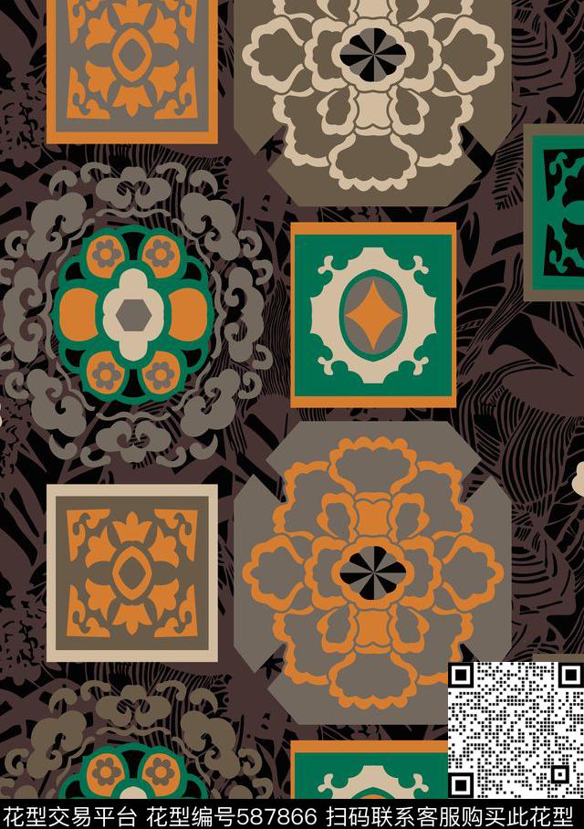 几何拼贴民族风分色传统印花华亿平台下载（图片编号: 587866） - 瓦栏（Walan）