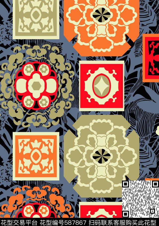 几何拼贴民族风分色传统印花华亿平台下载（图片编号: 587867） - 瓦栏（Walan）