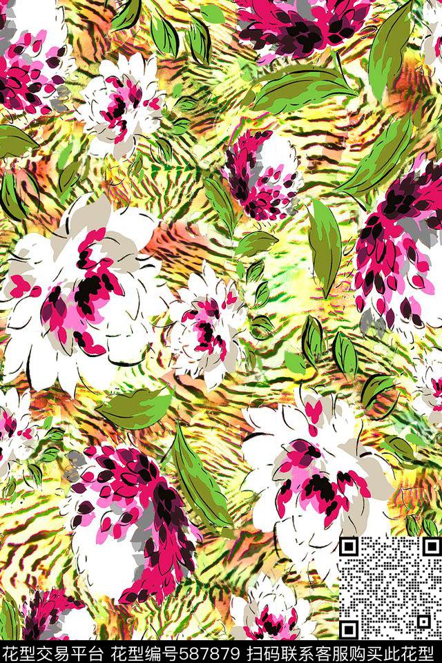 流行时尚花卉动物纹数码印花华亿平台下载（图片编号: 587879） - 瓦栏（Walan）