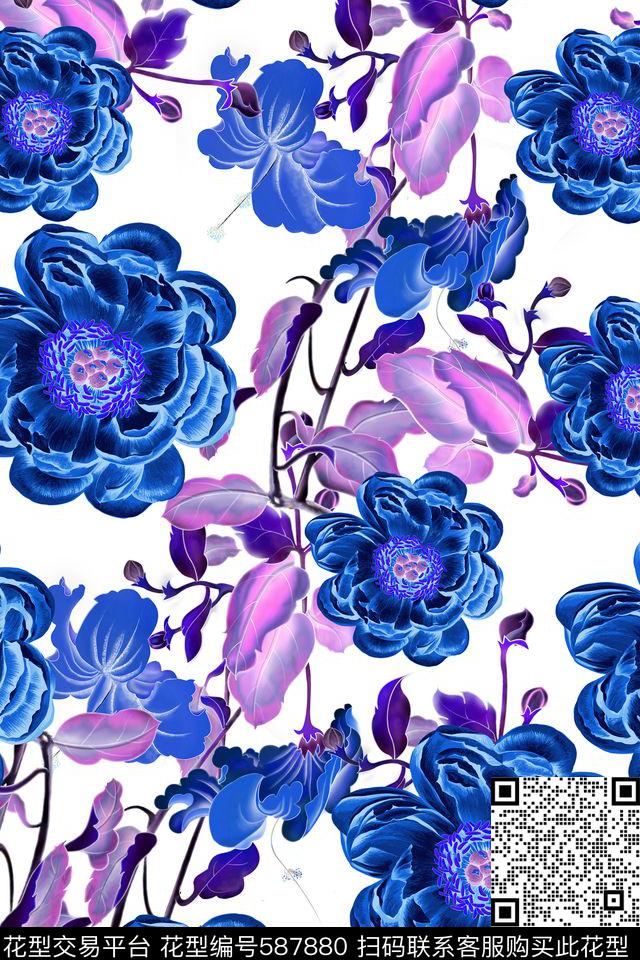 花卉花朵牡丹花数码印花华亿平台下载（图片编号: 587880） - 瓦栏（Walan）