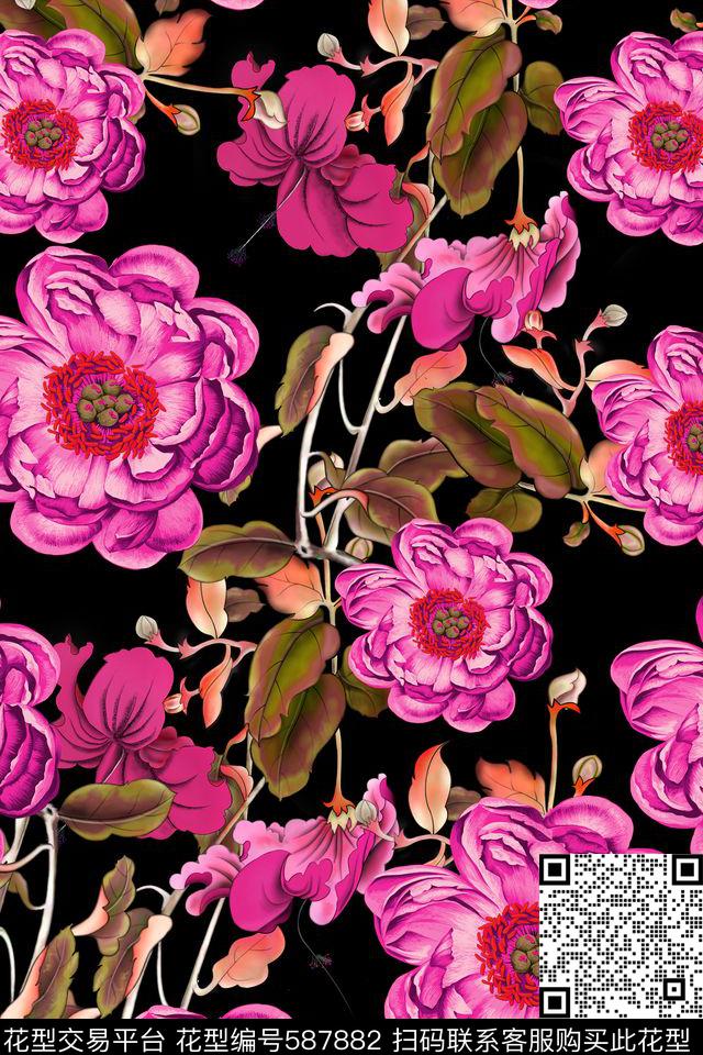 花卉花朵牡丹花数码印花华亿平台下载（图片编号: 587882） - 瓦栏（Walan）