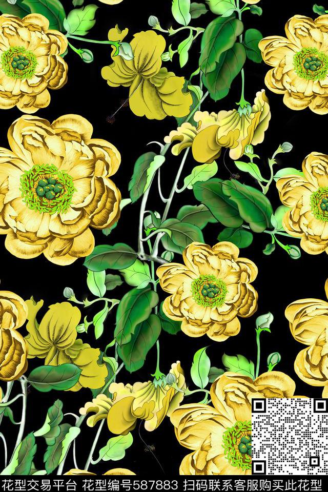 花卉花朵牡丹花数码印花华亿平台下载（图片编号: 587883） - 瓦栏（Walan）