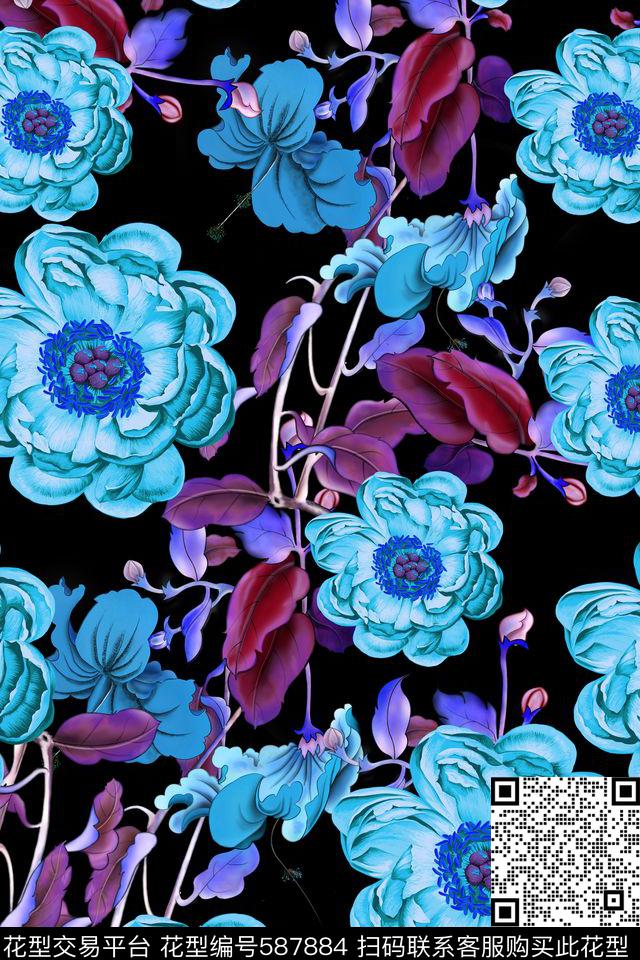 花卉花朵牡丹花数码印花华亿平台下载（图片编号: 587884） - 瓦栏（Walan）