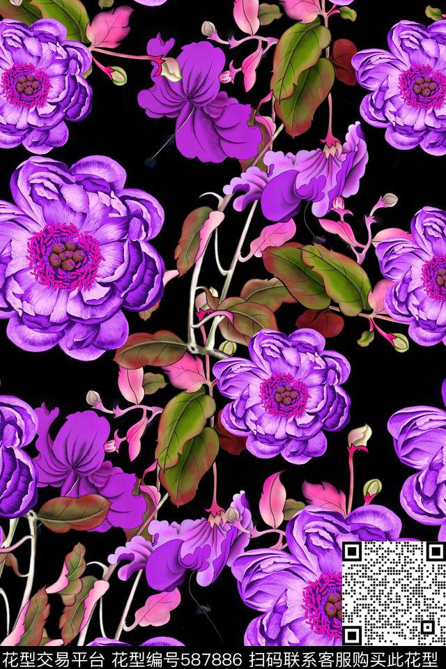 花卉花朵牡丹花数码印花华亿平台下载（图片编号: 587886） - 瓦栏（Walan）