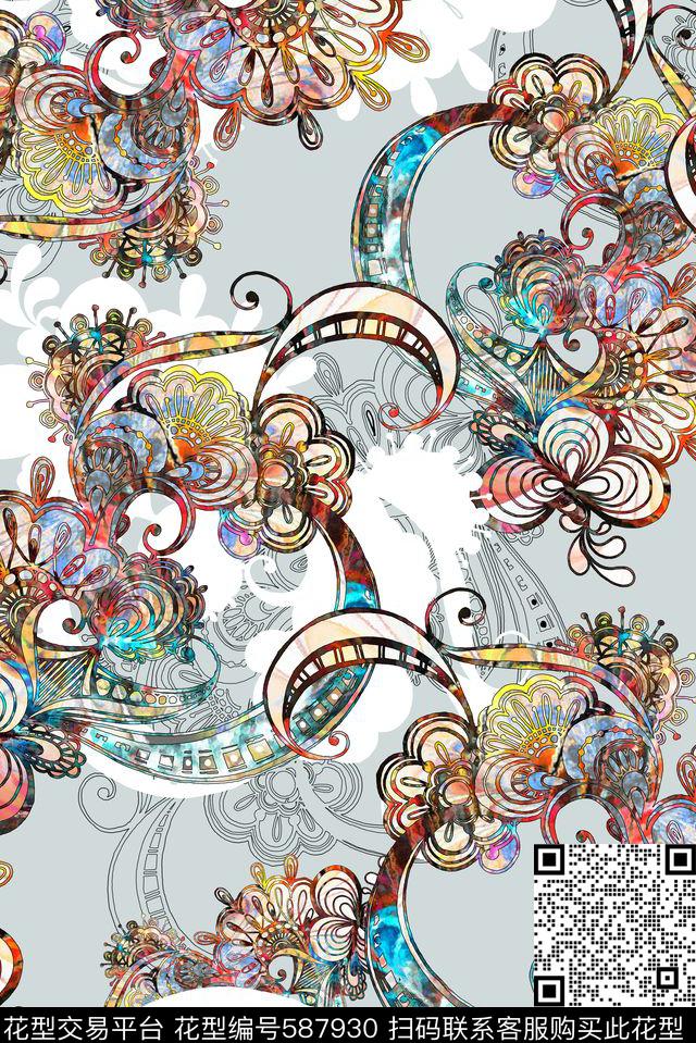欧式民族风抽象花纹数码印花华亿平台下载（图片编号: 587930） - 瓦栏（Walan）