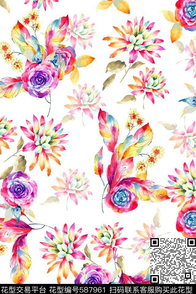 水彩花卉春夏款数码印花华亿平台下载（图片编号: 587961） - 瓦栏（Walan）