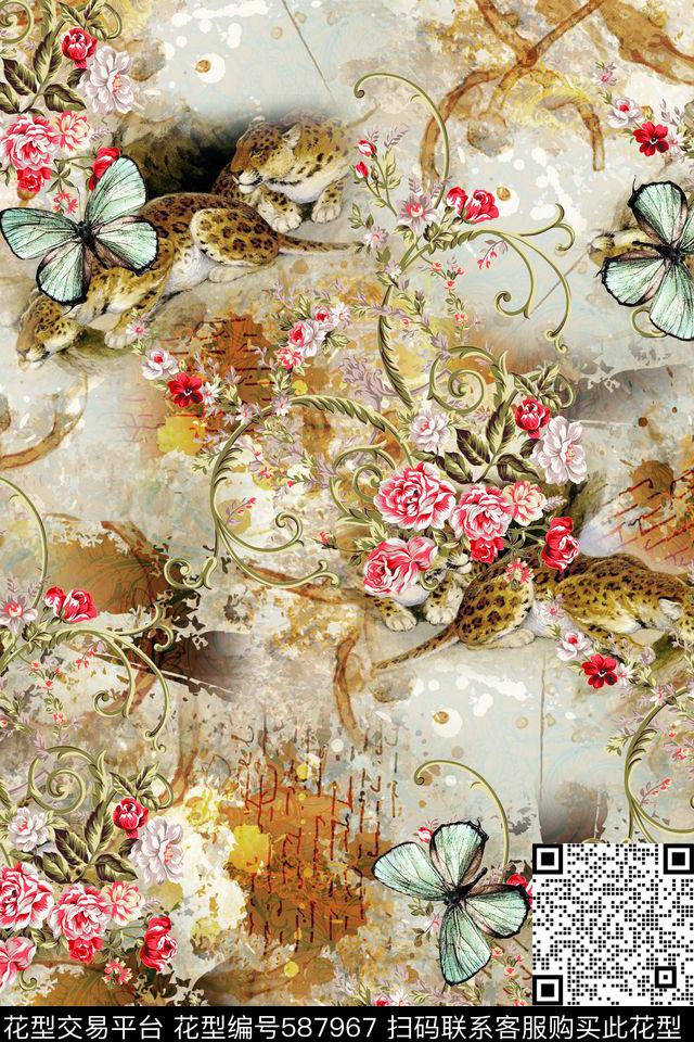 复古花卉绸缎丝绸动物蝴蝶数码印花华亿平台下载（图片编号: 587967） - 瓦栏（Walan）