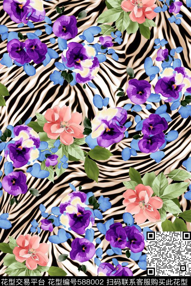 斑马纹花卉女装数码印花华亿平台下载（图片编号: 588002） - 瓦栏（Walan）
