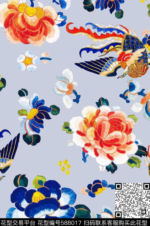 中国风刺绣绣花花卉数码印花华亿平台下载（图片编号: 588017） - 瓦栏（Walan）