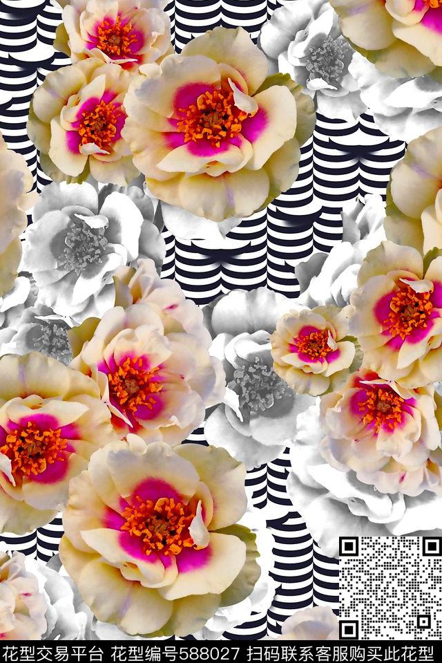 条纹大花花朵数码印花华亿平台下载（图片编号: 588027） - 瓦栏（Walan）