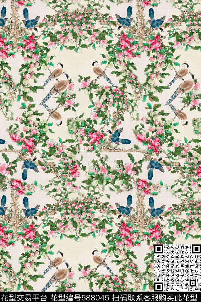 简约满版手绘鸟果实桃子中国风女装床品箱包满版手绘鸟果实桃子花卉数码印花华亿平台下载（图片编号: 588045） - 瓦栏（Walan）