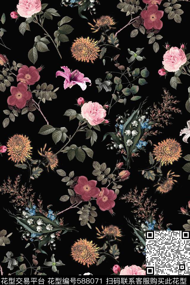 数码印花花卉小花蔷薇花卉数码印花华亿平台下载（图片编号: 588071） - 瓦栏（Walan）