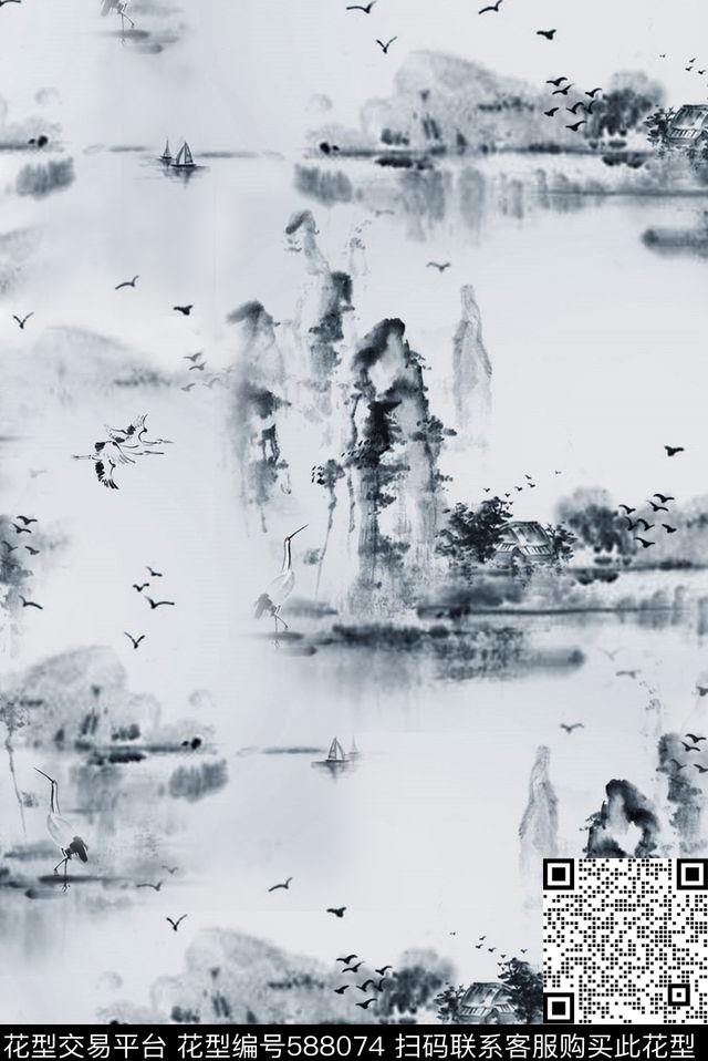 中国风水墨画数码印花华亿平台下载（图片编号: 588074） - 瓦栏（Walan）