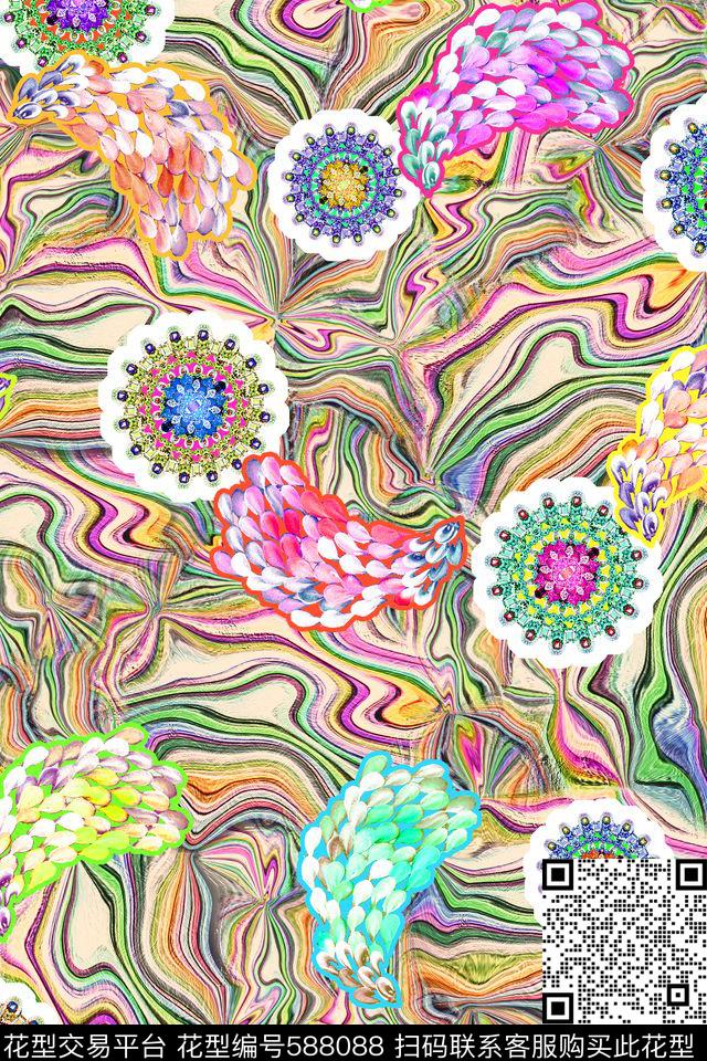 潮流时尚大牌珠宝水彩几何数码印花华亿平台下载（图片编号: 588088） - 瓦栏（Walan）
