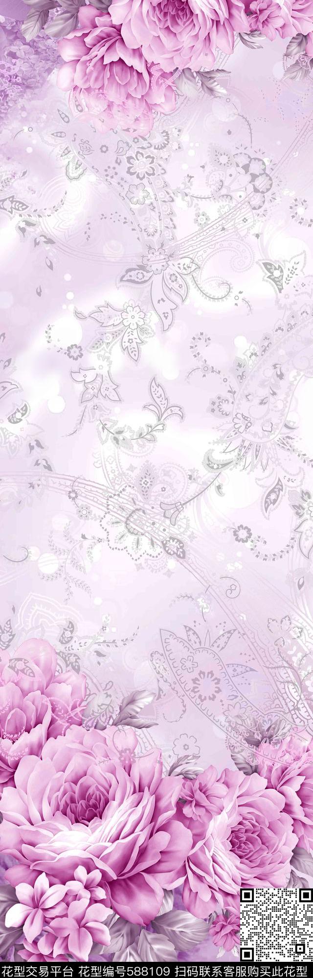 现代花卉优雅数码印花华亿平台下载（图片编号: 588109） - 瓦栏（Walan）