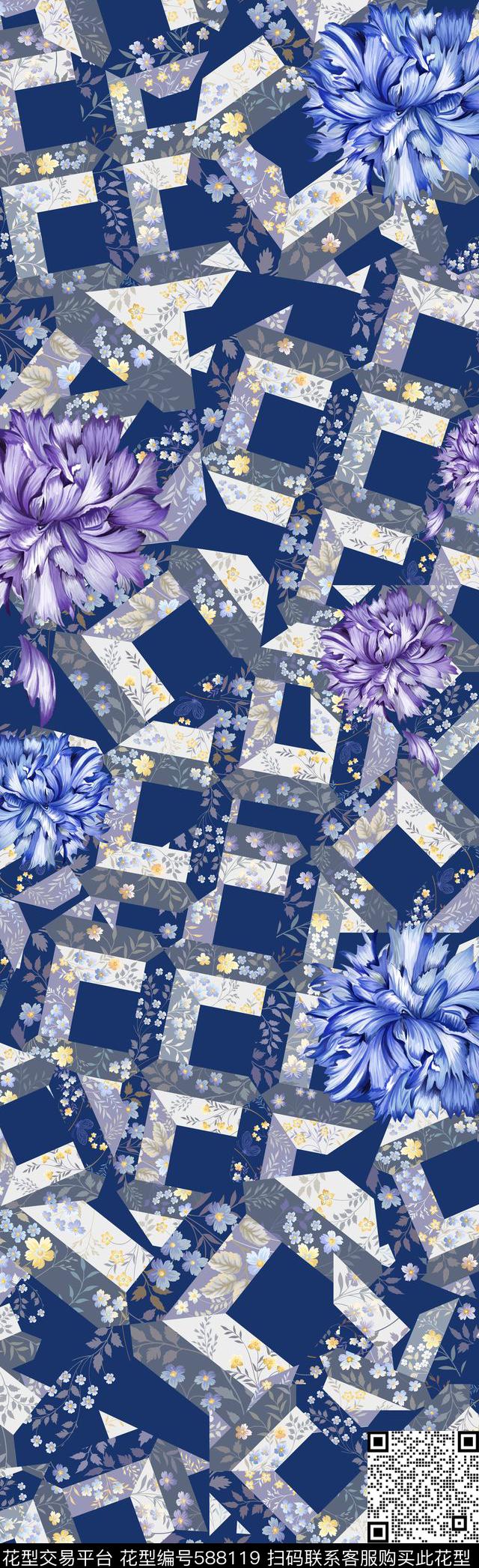 拼接水彩花卉几何数码印花华亿平台下载（图片编号: 588119） - 瓦栏（Walan）