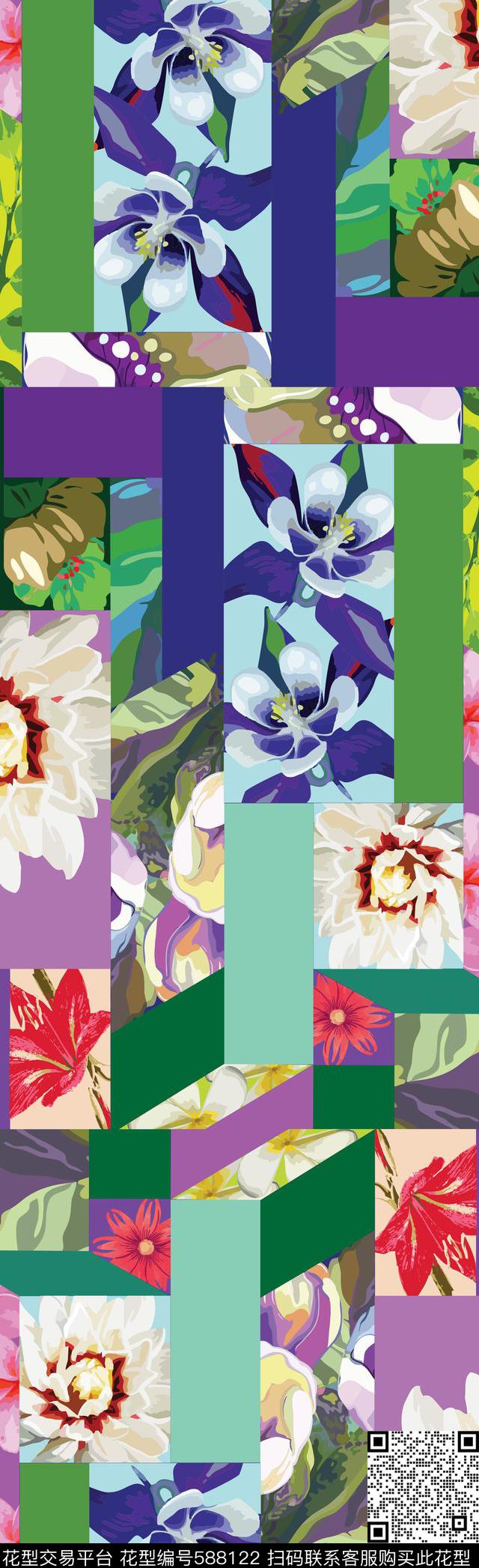 抽象几何花卉传统印花华亿平台下载（图片编号: 588122） - 瓦栏（Walan）