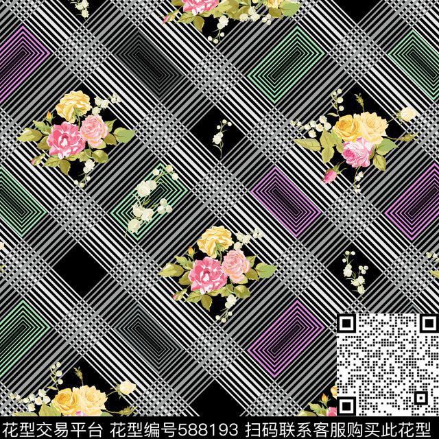 过渡格子底纹花数码印花华亿平台下载（图片编号: 588193） - 瓦栏（Walan）
