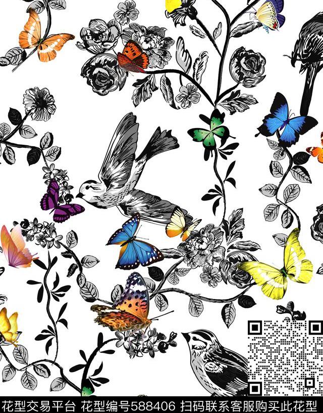 蝴蝶时尚小清新数码印花华亿平台下载（图片编号: 588406） - 瓦栏（Walan）