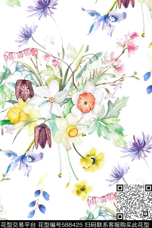 时尚水彩花卉数码印花华亿平台下载（图片编号: 588425） - 瓦栏（Walan）