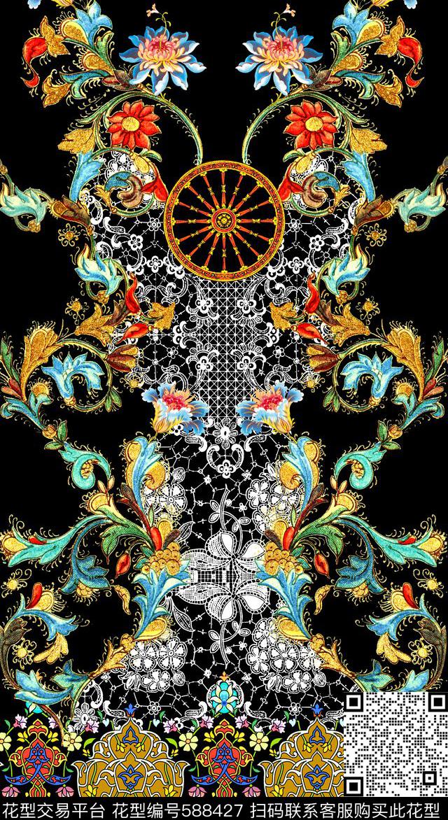 时尚卷草蕾丝数码印花华亿平台下载（图片编号: 588427） - 瓦栏（Walan）