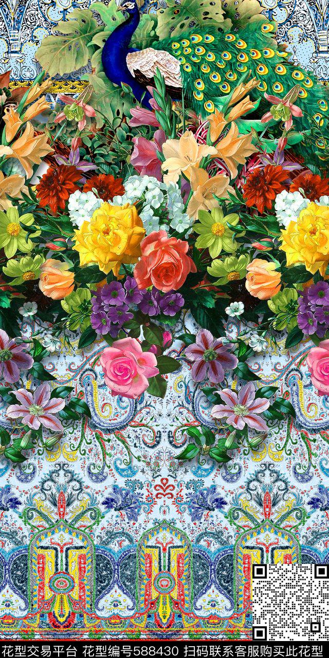 时尚花卉孔雀数码印花华亿平台下载（图片编号: 588430） - 瓦栏（Walan）