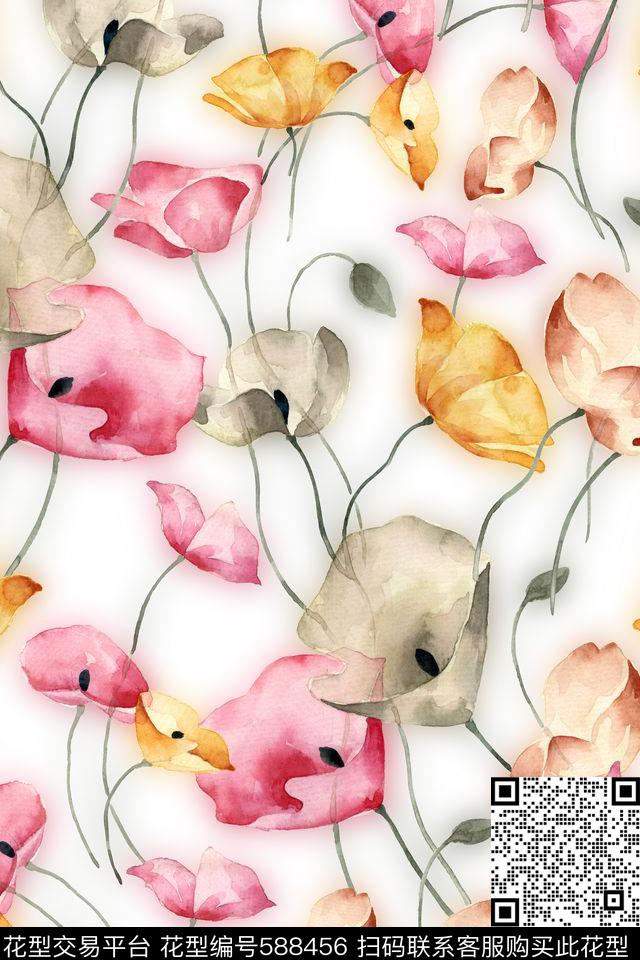 花卉手绘浪漫花卉数码印花华亿平台下载（图片编号: 588456） - 瓦栏（Walan）