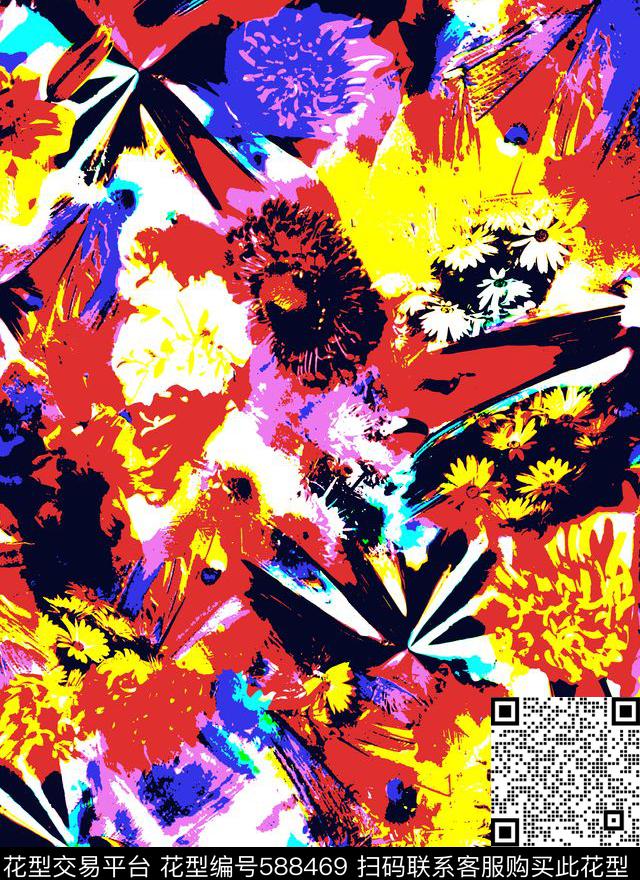 流行时尚几何抽象矢量色块彩色花朵传统印花华亿平台下载（图片编号: 588469） - 瓦栏（Walan）
