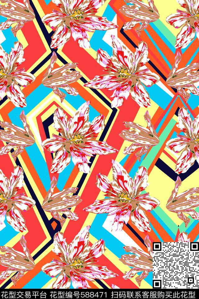 流行时尚几何花朵传统印花华亿平台下载（图片编号: 588471） - 瓦栏（Walan）