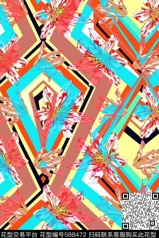 流行时尚几何花朵传统印花华亿平台下载（图片编号: 588472） - 瓦栏（Walan）