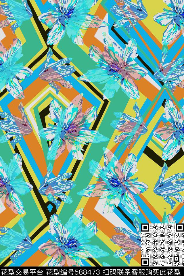 流行时尚几何花朵传统印花华亿平台下载（图片编号: 588473） - 瓦栏（Walan）