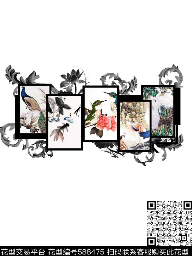 工笔画卷草孔雀数码印花华亿平台下载（图片编号: 588475） - 瓦栏（Walan）