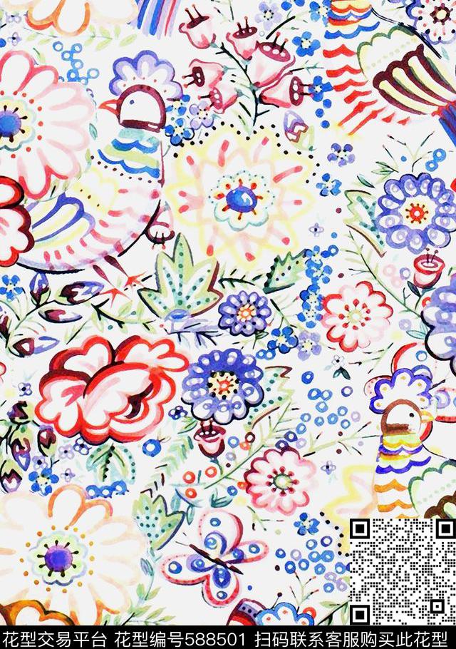 手绘水彩线描数码印花华亿平台下载（图片编号: 588501） - 瓦栏（Walan）