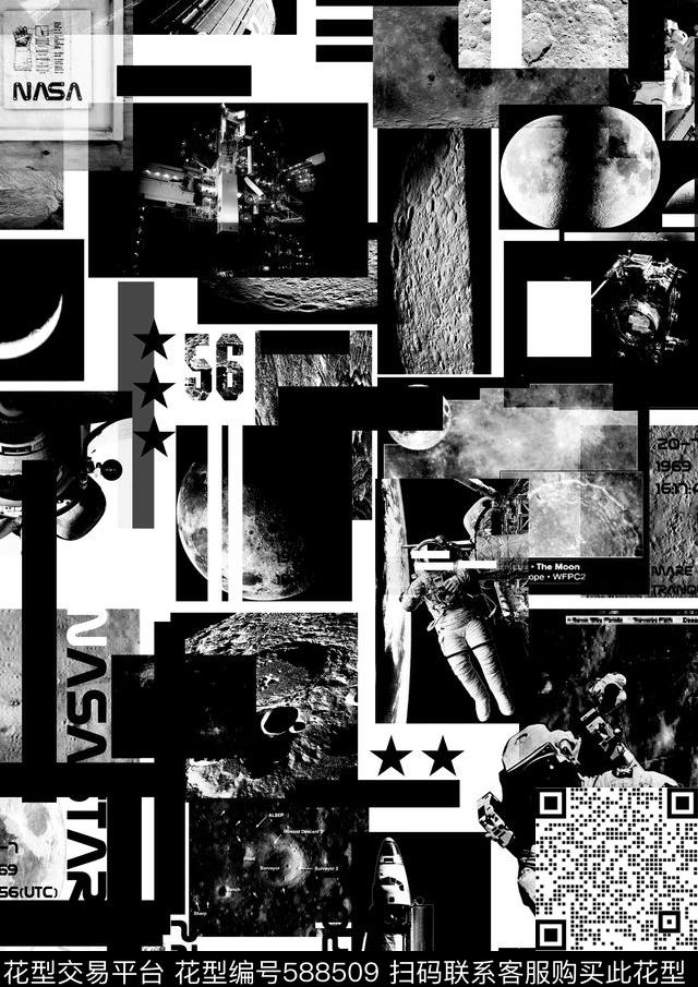 时尚休闲黑白宇宙数码印花华亿平台下载（图片编号: 588509） - 瓦栏（Walan）